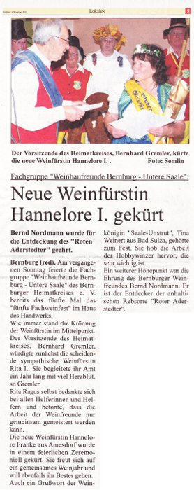 Pressebeitrag Super Sonntag 'Neue Weinfürstin Hannelore I. gekürt'